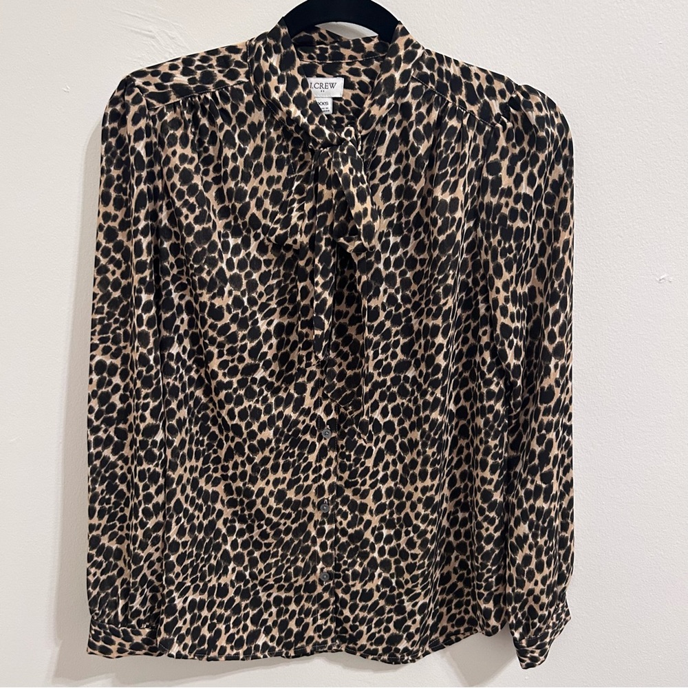 J crew Long Sleeve Animal Print Leopard Bow Blouse Top Size XXS